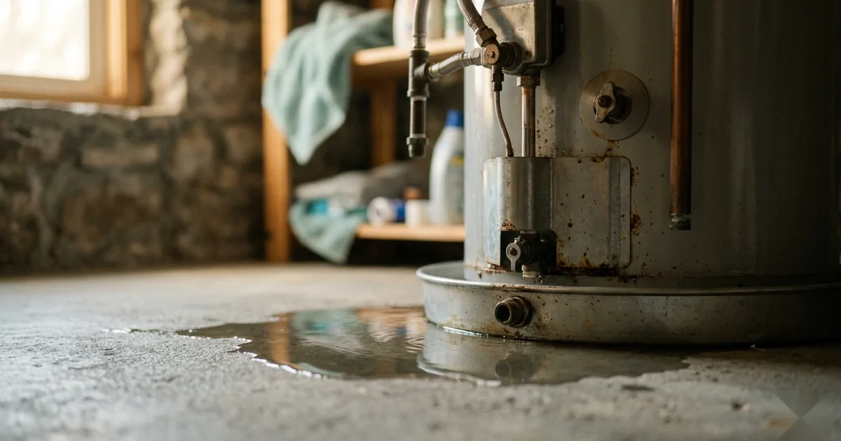 The base of a water heater in a utility room, with a thin sheen of water pooling beneath it