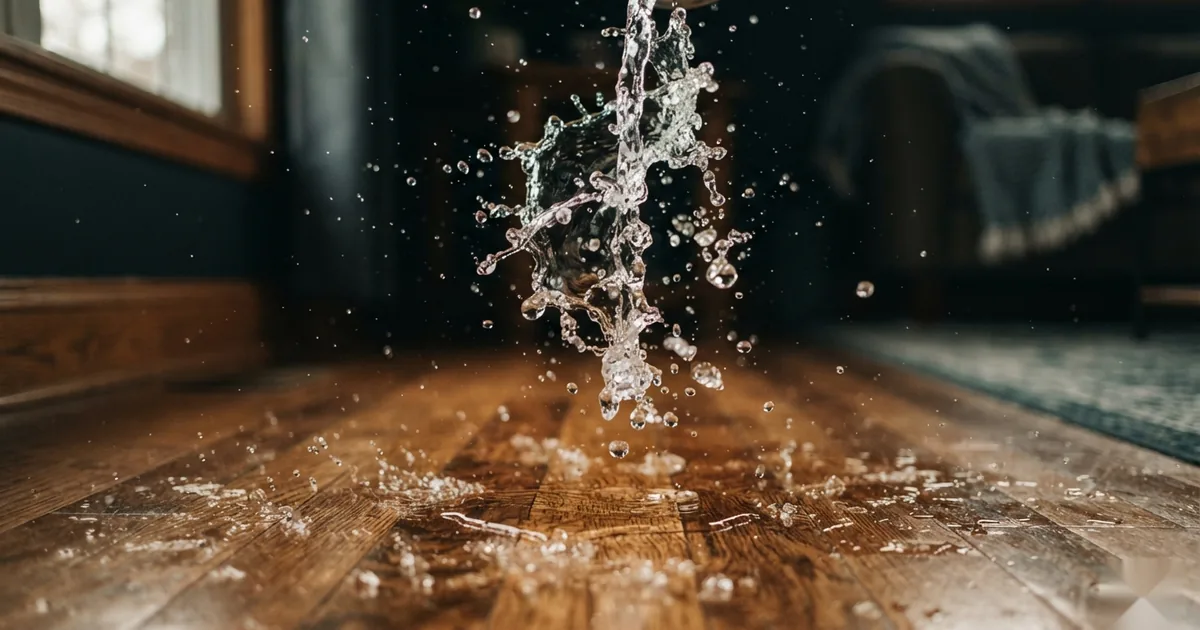 A splash of clear water frozen in mid-air above a hardwood floor
