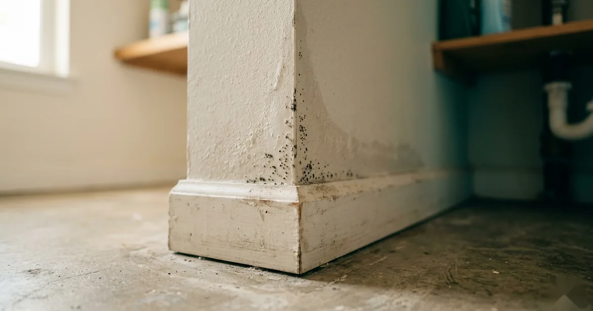 Close-up of a damp drywall corner and baseboard with the first small specks of mold appearing