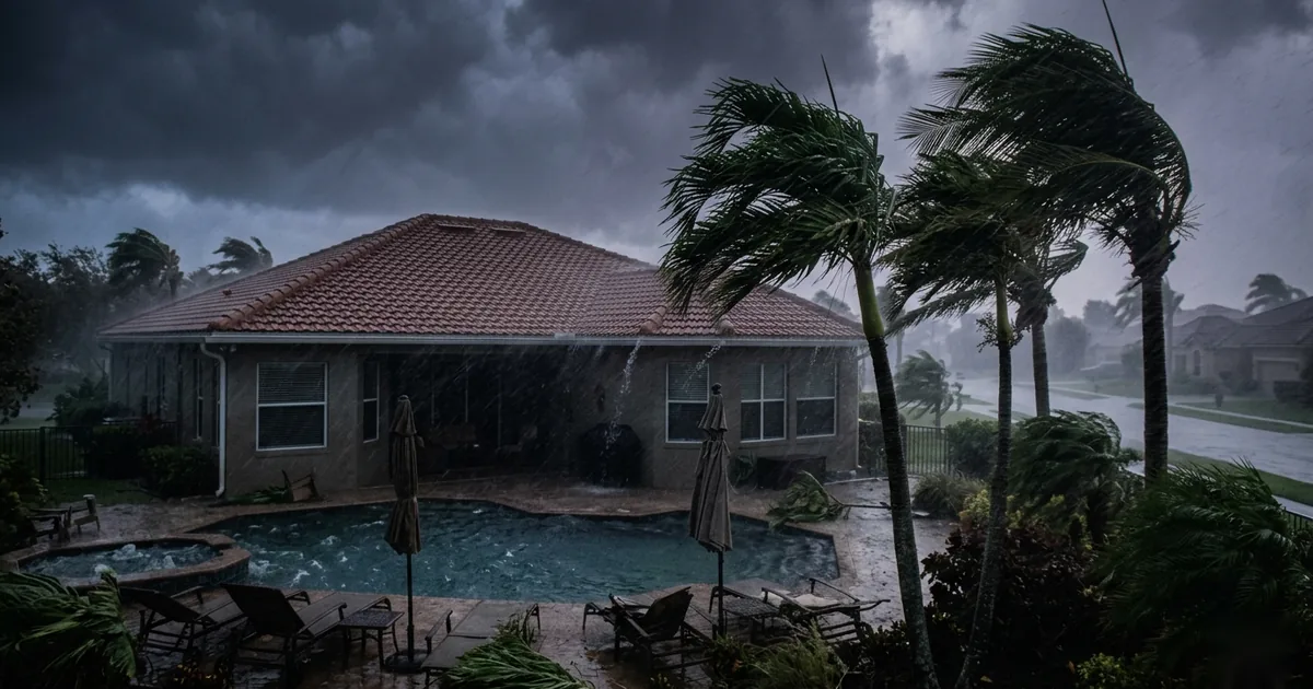 Dark storm clouds and heavy rain over a house, water streaming from a gutter downspout