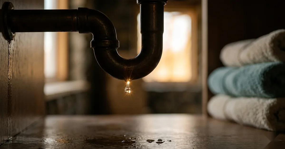A water droplet falling from the pipe under a kitchen sink inside a dark cabinet