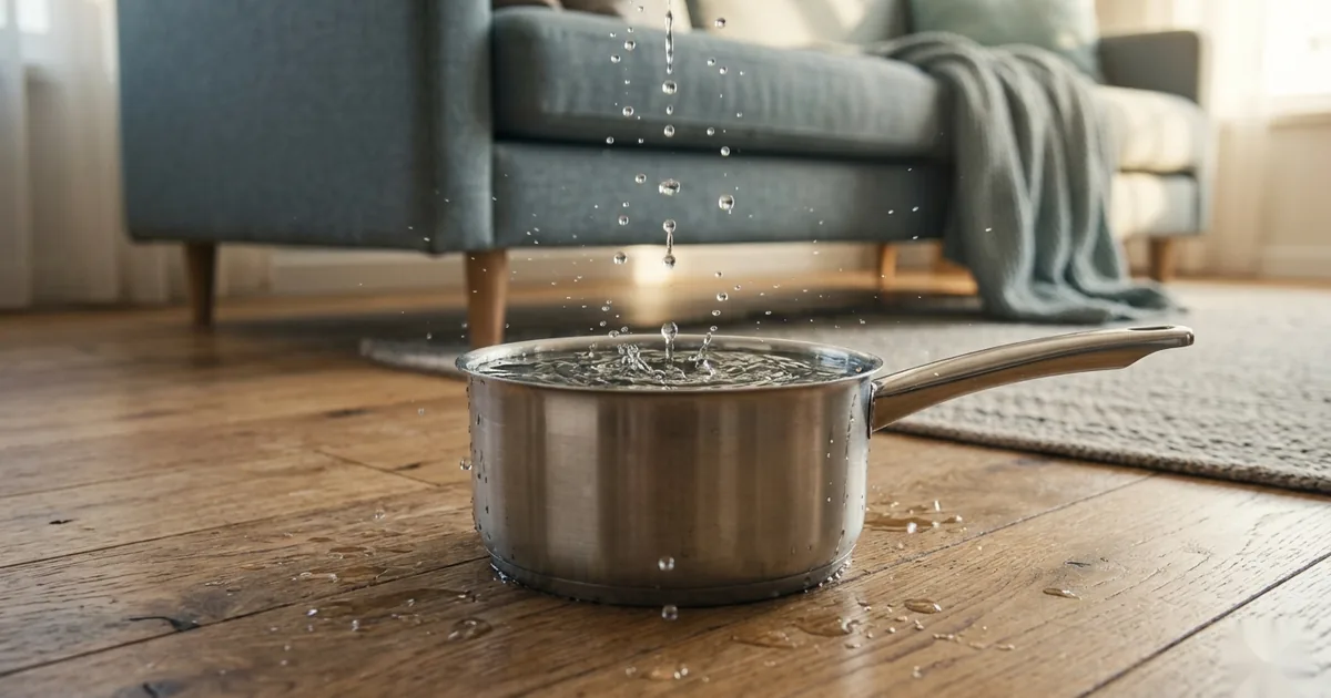 Falling water drops splashing into a saucepan on an apartment wood floor