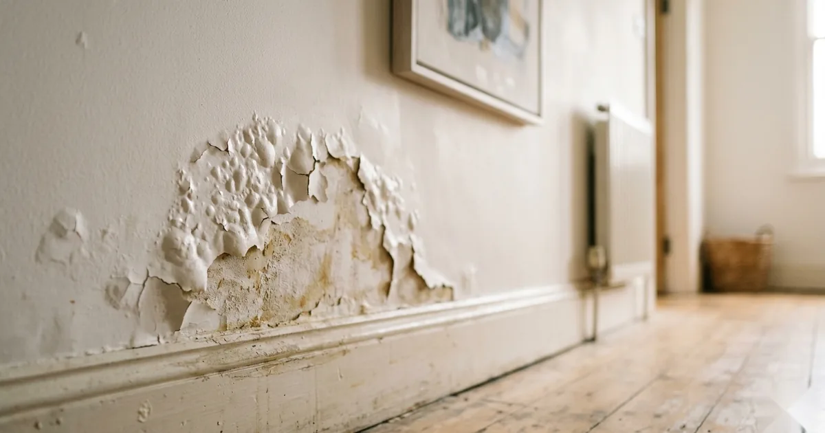 Paint bubbling and peeling near the base of an interior wall with faint discoloration