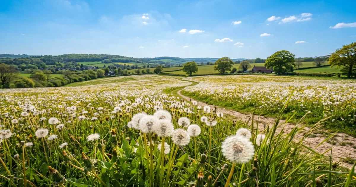 A field of dandelion clocks under a clear blue sky